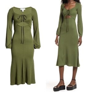 Topshop Cutout Detail Ribbed Long Sleeve Green Midi Dress